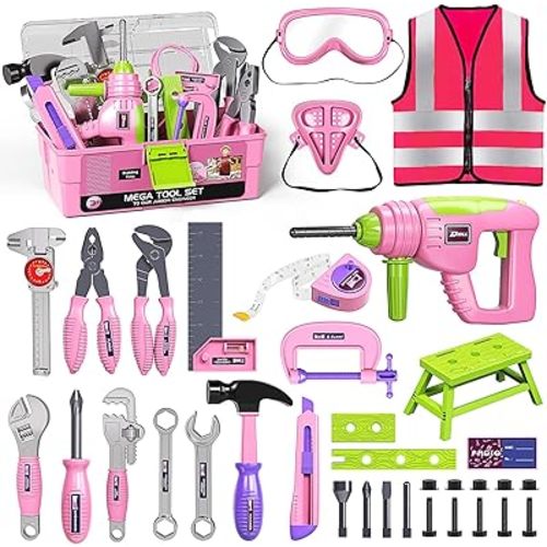 Deejoy Tool Set with Tool Box & Electronic Toy Drill, Pretend Play Kids Construction Kits for Kids Ages 3-5 Years Old, Toddler Tool Set(Pink)
