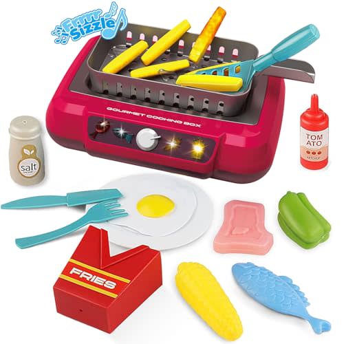 Cewuky Kids Play Kitchen Accessories Toy Set, Toddler Fryer Toy Kitchen, Camping Cooking Playset with Color Changing Play Food, Kids Kitchen Playset with Sound & Light, Kids Toys for Ages 3-5 5-7