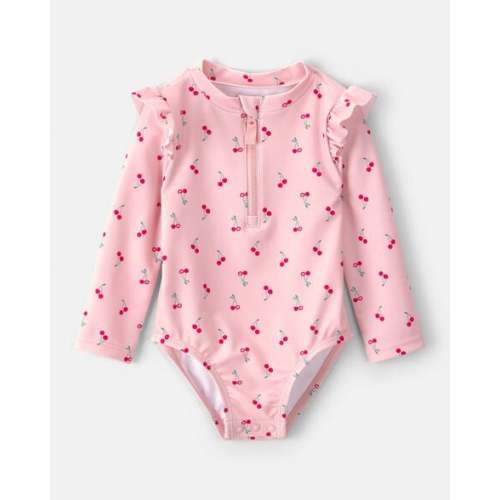 Baby Girl Cherry Long-Sleeve 1-Piece Rashguard Swimsuit - Pink | Size 3M