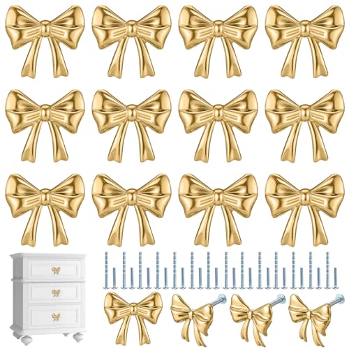 Hotop 30 Pack Gold Bow Dresser Knobs Cabinet Drawer Knobs with 2 Kinds Screws for Hardware Dresser Kitchen Drawer Aluminum Alloy Oxidation Wire Drawing Handle, 1.57" x 1.18"
