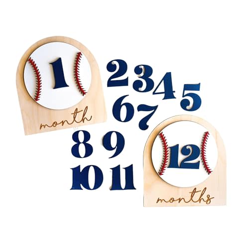 Baby Monthly Milestone Cards Monthly Milestone Discs Newborn Photography Props Baby Announcement Sign Baby Girl Wooden Boho Flower Milestone Card 1-2 Months Interchangeable Milestone (Baseball)