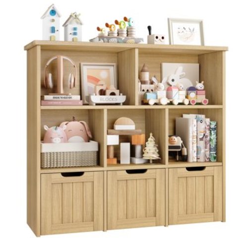 Homfa Toy Storage Organizer with 3 Movable Drawers, 5 Cube Kids Bookcase for Playroom, Storage Cabinet for Living Room, Natural Finish