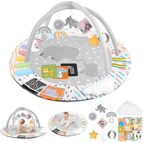 Baby Play Gym & Activity Mat, Tummy Time Mat with Tummy Time Pillow 7 Detachable Sensory Toys and Educational Cards for Motor Skills & Sensory Development, Baby Essentials Shower Gift, Grey Elephant