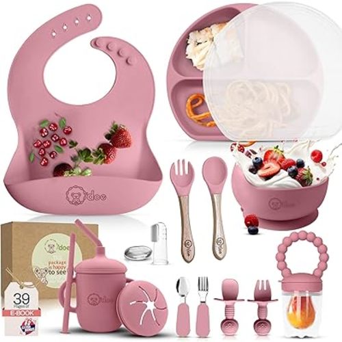 O'doe 17-Piece Baby Led Weaning Feeding Supplies for Toddlers, Baby Feeding Set | Suction Silicone Baby Bowl Self Eating with Fruit Feeder, Cup, Bibs, Food Plate Kit with Lid 6+ Months | Rose Pink V2