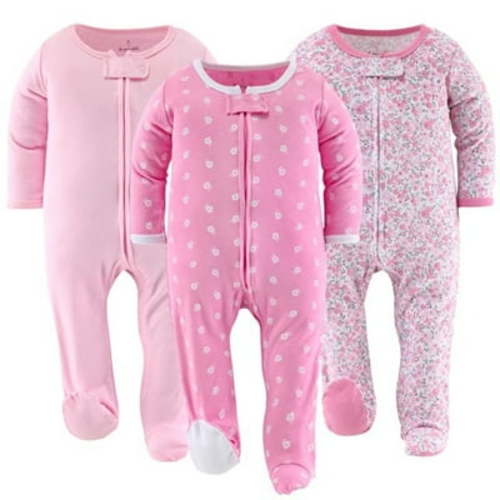 The Peanutshell Baby Sleep n Play Footed Pajamas for Baby Girl, Floral Love, 3 Pack, 0-3 Months