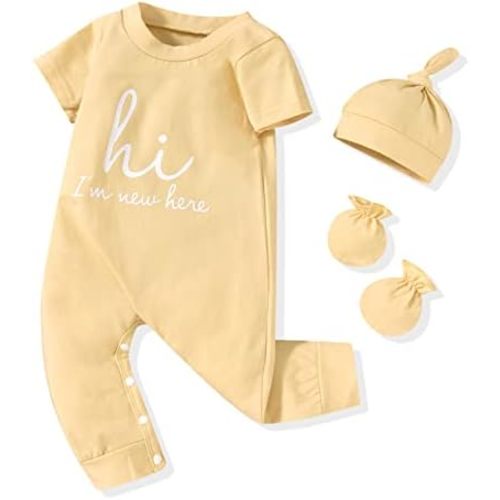 HINTINA Newborn Baby Boy Romper Coming Home Outfits Letter Printed Jumpsuit Hat Glove Outfits