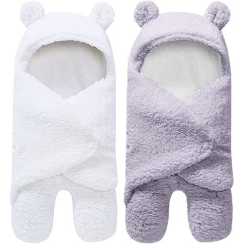 2 Pack Ultra Warm Sherpa Plush Baby Sleeping Swaddle Wrap - Newborn Essentials Must Haves for 0-6 Months - Baby Shower Registry Search Gifts for Boys Girls - Baby Stuff Accessories (Grey and White)