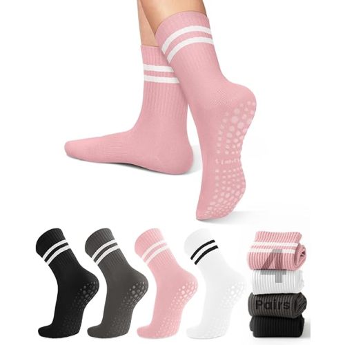 yeuG 4 Pairs Non Slip Pilates Socks with Grips for Women, Grip Socks for Yoga Barre Grippy Crew Socks Woman Sticky Socks