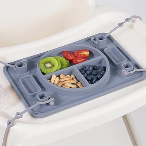 Platinum Food Grade Silicone Plates with Strong Suction for Baby & Toddlers, Baby Placemats with 4 Toy Straps to Secure Baby Essentials, Baby Led Weaning, Self Feeding, Dishwasher Safe (Gray)