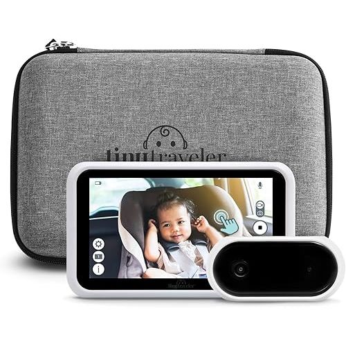 Tiny Traveler Baby Monitor Portable Baby Car Camera with Add-On Camera & Travel Kit, Night Vision HD 720p 5" Touchscreen, Battery Powered, Split-Screen, Travel Pouch Included - White