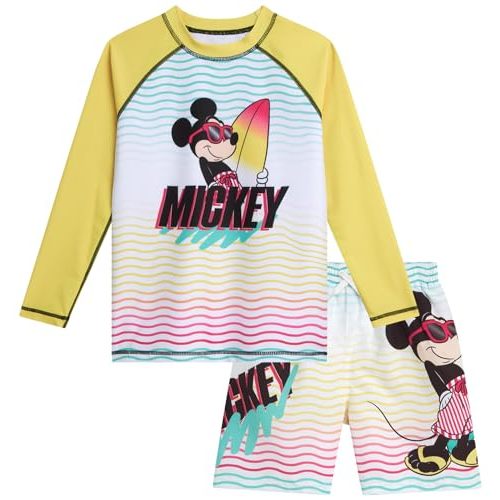 Disney Boys Rash Guard Set - 2 Piece Mickey Mouse, Cars Lighting McQueen, and Buzz Lightyear UP50+ Swim Set for Boys (2T-7)