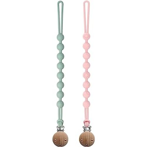 Silicone Pacifier Clip, Seposeve 2 Pack Pacifier Holder Clips, Keeps Pacifier Clean, Soft Flexible Pacifier Leash, Binky Clips for Baby Boys and Girls, Durable - High-Toughness, Green Pink