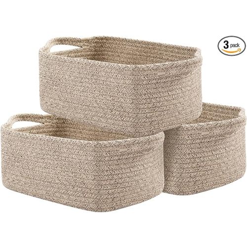 OIAHOMY Cotton Rope Baskets, Woven Baskets for Storage, Nursery Storage Baskets, Rectangle Storage Basket with Handles, Storage Baskets for Shelves, Pack of 3, Brown Variegated