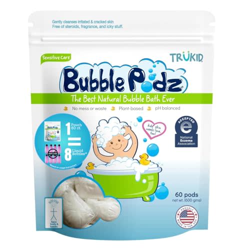 TruKid Bubble Podz Bubble Bath for Baby & Kids, NEA-Accepted for Eczema, Gentle Refreshing Colloidal Oatmeal Bath Bomb for Sensitive Skin, pH Balance 7 for Eye Sensitivity, Unscented (60 Podz)