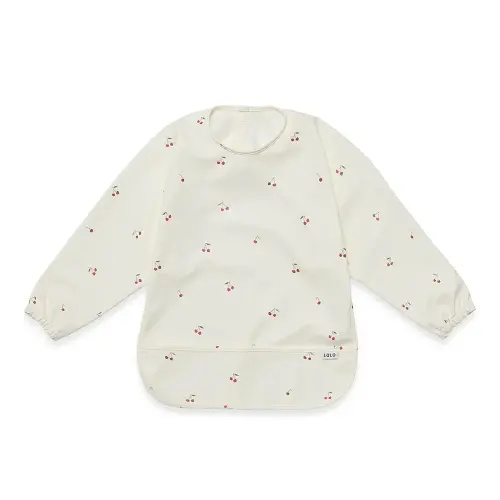 Lalo Smock Bib - Long Sleeve Baby Bib, Elastic Cuffs for Comfort, Large Catch-All Pocket, Waterproof Recycled Polyester - Durable Baby Smock Bib for Mealtime & Playtime - Ages 6-24 Mo. - Cherry