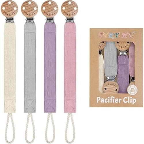 TYRY.HU Ribbon Pacifier Clip Holder,4 Pack Binky Paci Holder Clips, Pacifier Leash, Soft Webbing Strap Universal Fits for Most Pacifier, Styles(Cream,Grey,Rose,Purple)