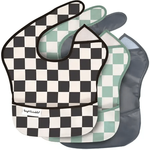 Tiny Twinkle Mess-Proof Baby Bib - Waterproof Bib for Baby Boy or Girl - Machine Washable - Adjustable Closure - PVC, BPA, & Phthalate Free - Great for Travel - Baby Food Bibs (3 Pack, Checkers Boy)