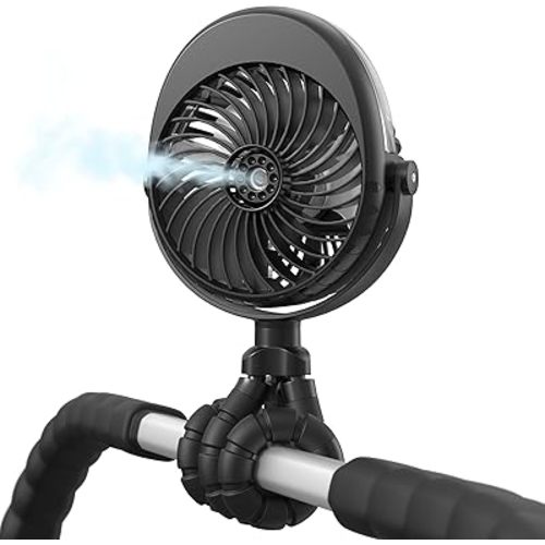 Portable Misting Stroller Fan, 4000mAh Battery Powered with 360° Pivot, Personal Mister Fan with Flexible Tripods for Cooling Outdoor Travel Office Wagon Crib Car Treadmill