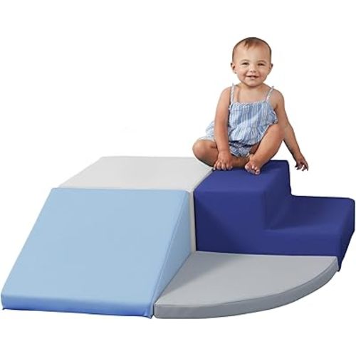 SoftScape Toddler Playtime Corner Climber, Indoor Active Play Structure for Toddlers and Kids, Safe Soft Foam for Crawling and Sliding (4-Piece Set) - Navy/Powder Blue, 11619-NVPB