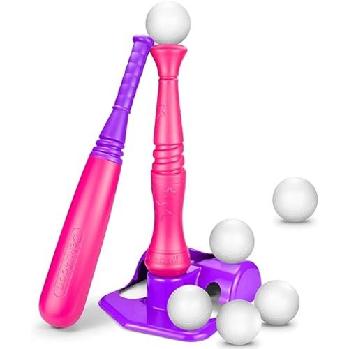 TBall Set for Toddlers 3-5, Baseball Softball Batting Tee Bat Toys Set, 6 Balls Included, for Kids Boys Girls Age 3-8 Years Indoor Outdoor Sport Playing Game, Pink