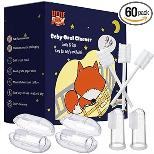 [60 Pcs] Little Fox Baby Oral Cleaner +2 Pcs Finger Toothbrush with Cases, Baby Tongue Cleaner, Newborn Toothbrush, Disposable Tongue and Gum Cleaner, Infant Oral Care and Cleaning for 0-36 Month Baby