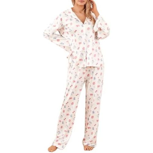 Women 2 Piece Floral Pajama Set Button Down Long Sleeve Wide Leg Fruit Set Cute Pjs Y2K Loungewear Sleepwear S-XL
