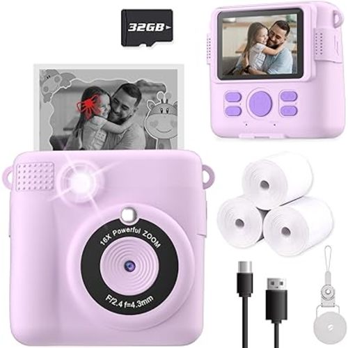 Instant Print Camera for Kids, Christmas Birthday Gifts for Girls Boys Age 3-12,Kids Digital Cameras for Toddler, Portable Toy for 3 4 5 6 7 8 9 10 Year Old Girl with 32GB SD Card-Purple