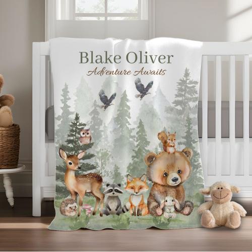 Woodland Baby Blanket Personalized Newborn Blanket Adventure Awaits Forest Animal Nursery Custom Gift for Baby Shower Gift for Infant Kids