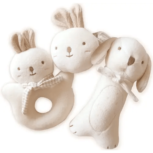 Cotton Baby Toy Rattle Set, Stuffed Animals (Puppy & Baby Rabbit Rattle Set) eco-Friendly Baby Rattle