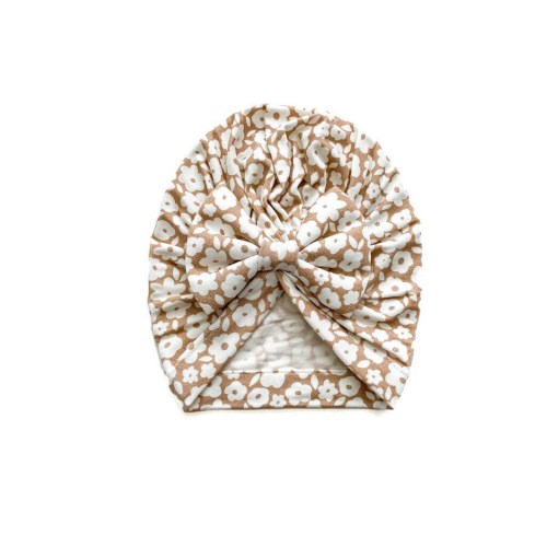 Mocha Ditsy Floral Bow Turban, floral bow hat, Floral baby hat, baby turban, floral baby turban, baby bow hat, floral newborn turban