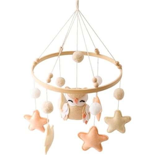 Owl Baby Crib Mobile Handmade Nursery Mobile for Boys & Girls Owl & Star Ceiling Mobile in Night Theme Colorful Options Cute Newborn Bassinet Gift Easy Assembly & Durable (Beige)