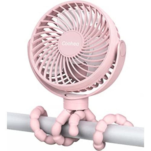 Coohea Stroller Fan Clip on Baby Fan 5000mAh Battery Car Seat Fan USB Rechargeable Small Portable Fan, Flexible Tripod for Crib Treadmill Golf Cart Bike Trip Camping, 360°Rotatable, 3 Wind Speed, Pink