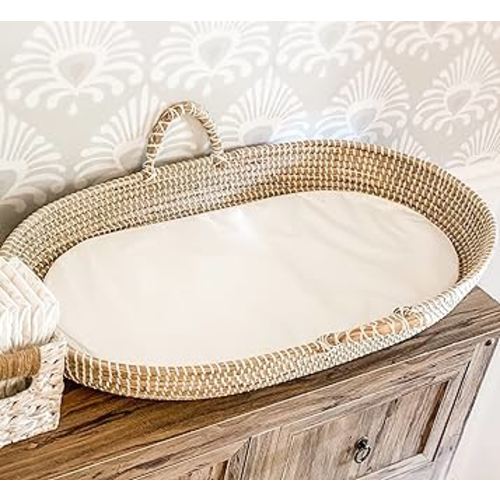 Seagrass Baby Changing Basket with Waterproof Pad | Portable Diaper Changing Topper for Dresser or Table | A Nursery Essential