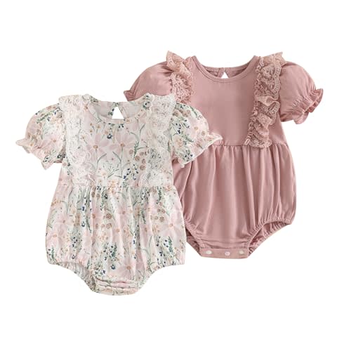 YTGBFYIK Baby Girl Vintage Romper 2 Pack Short Sleeve Floral Bubble Bodysuit Newborn Summer Clothes