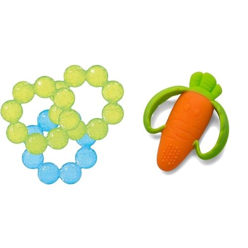 Infantino 3-Pack Water Teethers & Lil' Nibbles Textured Silicone Baby Teether - Sensory Exploration and Teething Relief with Easy to Hold Handles, Orange Carrot, 0+ Months - 3 Pack - 2 Lime + 1 Blue - Teethers + Baby Teether