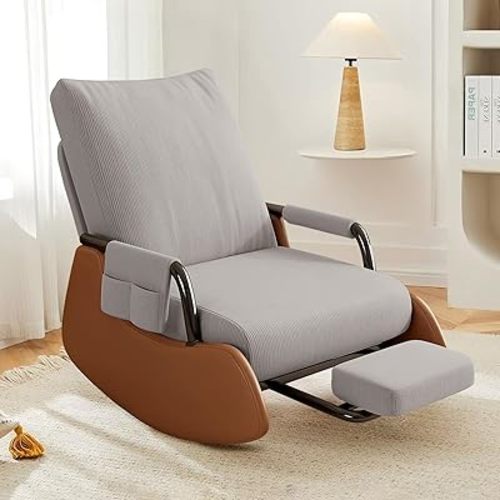 Nursery Rocking Chairs Upholstered Glider Rocking Chair with Side Pocket and Adjustable High Backrest,Soft Corduroy Rocker Accent Chair with Footrest for Living Room Bedroom