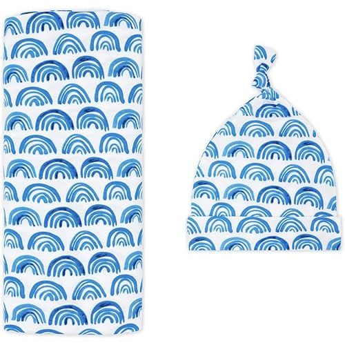 Little Sleepies Swaddle & Hat Set, Baby Swaddles Newborns, Soft Viscose from Bamboo Swaddle Blanket Wrap (Blue Rainbows)