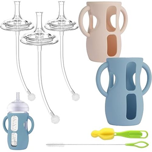Straw Cup Conversion Kit with Silicone Sleeves for Avent Natural Glass Baby Bottle 8oz, Toddler Sippy Cups Transition Kit w Anti Breakage Bottle Holder Compatible with Philips Natural Baby Bottles 8oz