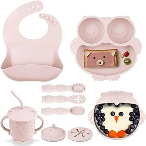 Silicone Baby Feeding Set, 12 PCS Baby Led Weaning Supplies with Suction Baby Plate and Bowl Set, Baby Spoon and Fork, Adjustable Bib, Sippy Cup with Straw and Lid, Baby Utensils for 6+ Months(Beige)