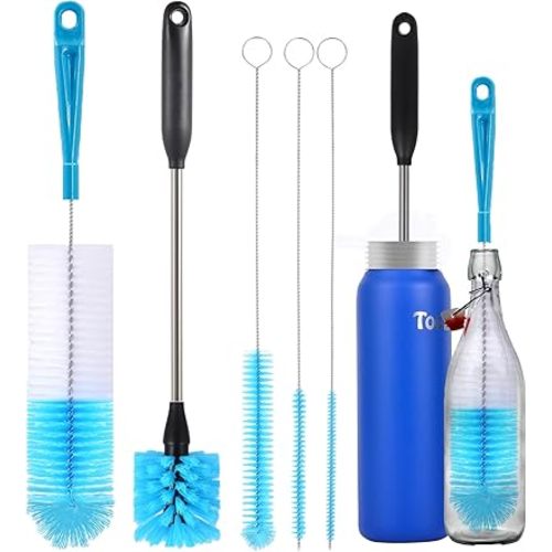 5 Pack Bottle Cleaning Brush Set with Straw Brushes – 15 inch Long Handle Water Bottle Brush & 3 traw leaner Rush – for Narrow Bottles, Baby Bottles, Mugs, Flasks, Wine Decanters, Coffee Cups – Blue