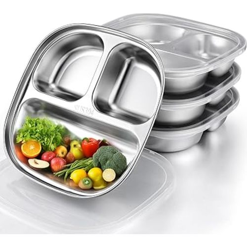 Palksky Stainless Steel Kids Plates, Balanced Bites Divided Plates for Toddlers, Portion Control Plate, Metal Lunch Tray Dishes, Non Toxic & 100% BPA Free, Dishwasher Safe, Set of 4