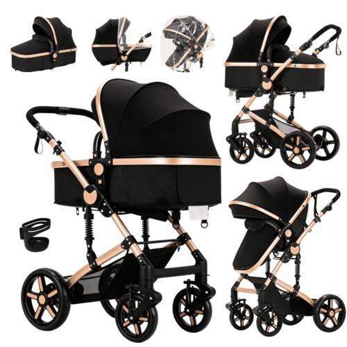 EaseBaby 2-in-1 Baby Stroller,Travel Pushchair, High-View Infant Carriage with with Cup Holder, Mosquito Net for 0-36 Months,Unisex,Black Gold