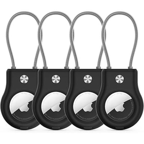 AirTag Holder - (4 Pack) Air tag Lock Keychain with Wire Cable Compatible with Apple AirTags,Ultra Durable Anti-Lost Protective Case with Keyring for Luggage, Key, Backpack, Pet, Bag, Black