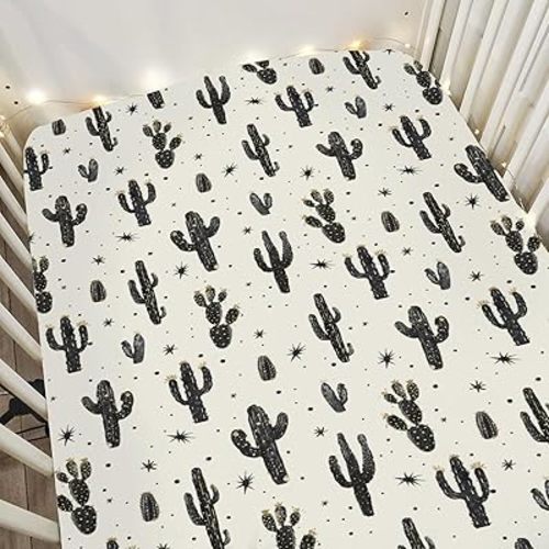 Minimalist Boho Cactus Baby Crib Sheets for Boy Girl 52"x28" Vintage Cactus Floral Soft Snug Fitted Crib Mattress Cover Wild Desert Plant Nursery Baby Sheet for Standard Crib & Toddler Bed Mattress