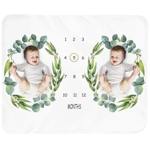 Baby Monthly Milestone Blanket Twins - Newborn Month Blanket Unisex Neutral Personalized Shower Gift Leaf Nursery Decor Photography Background Prop with Wooden Wreath Large 51''x40''