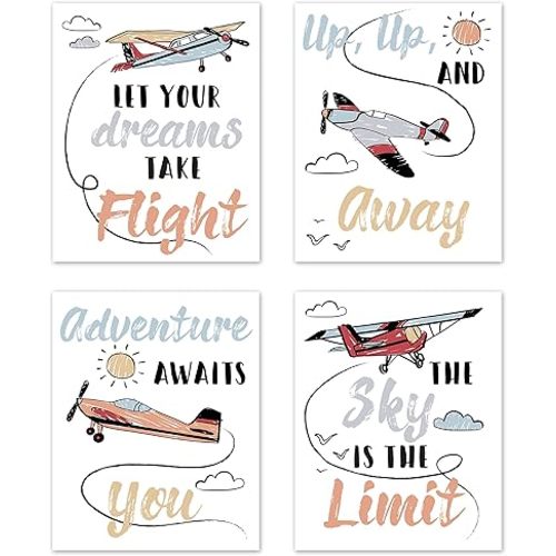 Sweet Jojo Designs Vintage Airplane Wall Art Prints Room Decor for Baby Nursery Kids - Set of 4 - Grey Yellow Orange Red White Blue Airplanes Air Plane Transportation Clouds Sun Sky Aviator Aviation