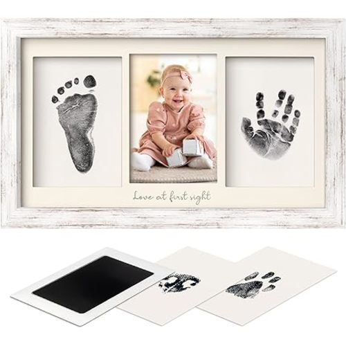 Inkless Baby Hand and Footprint Kit Boy, Girl - No Mess Ink Pad for Handprint, Clean Touch Dog Paw Print Kit, Personalized Baby Shower Gifts, Nursery Newborn Keepsake Frame (Vintage White)