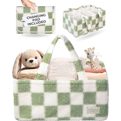 Checkered Diaper Caddy Organizer with Portable Changing Mat - Teddy Fleece Diaper Organizer for Changing Table - Caddy Organizer with Removable Dividers - Green and White