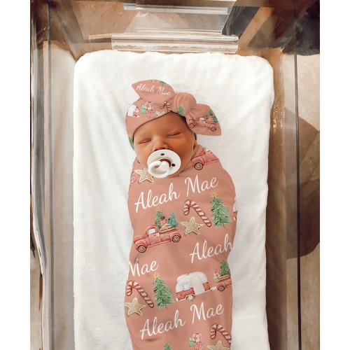 PINK Christmas Swaddle Blanket Personalized Christmas Baby Girl Hospital Blanket Christmas Baby Name Outfit Baby Girl Coming Home Outfit