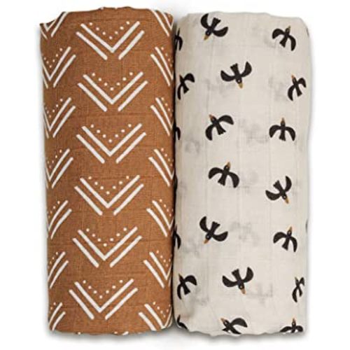 lulujo Boho Swaddle Set, Cotton Muslin Blankets, 2 Pack (Mudcloth & Blackbirds)
